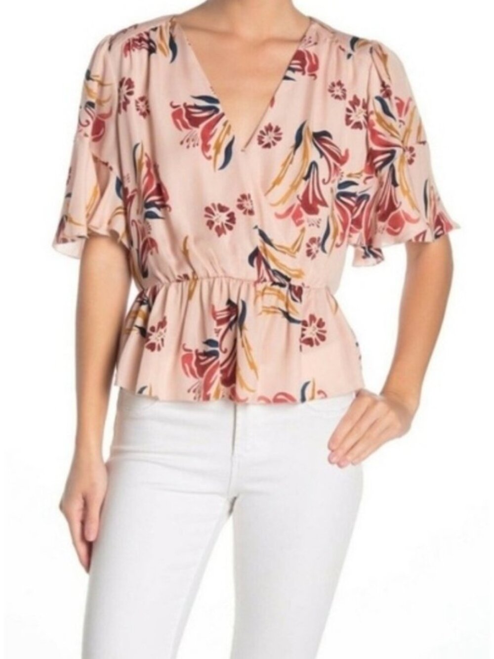 JOIE womens BLOUSE peach SILK top FLORAL ruffle BOHO SIZE L